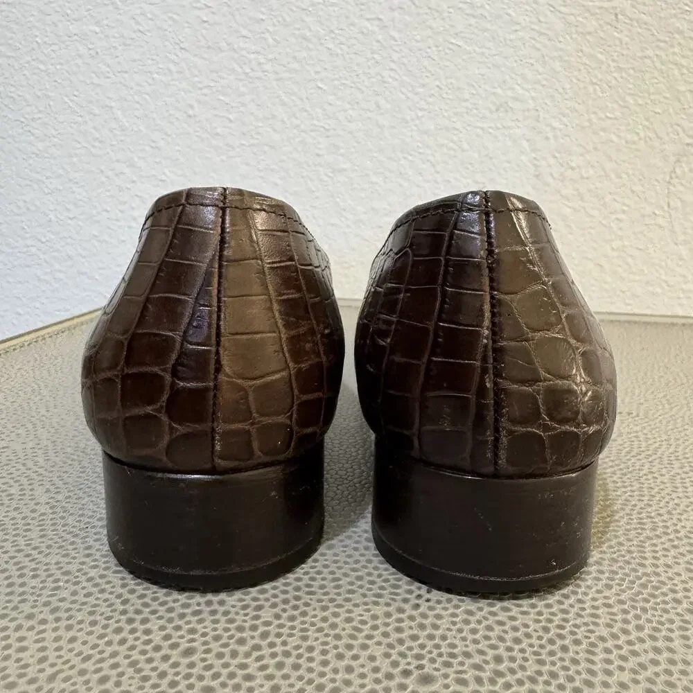 Prada 90s Y2K VTG Brown Croc Pattern Buckle Kitten Heels Pumps Shoes 37.5 7.5